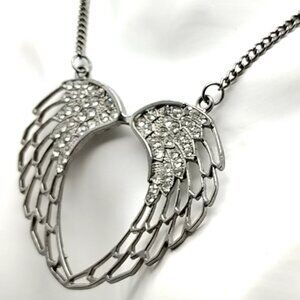 Rhinestone Angel Wing Open Heart Necklace Silver Tone Statement Pendant Chain